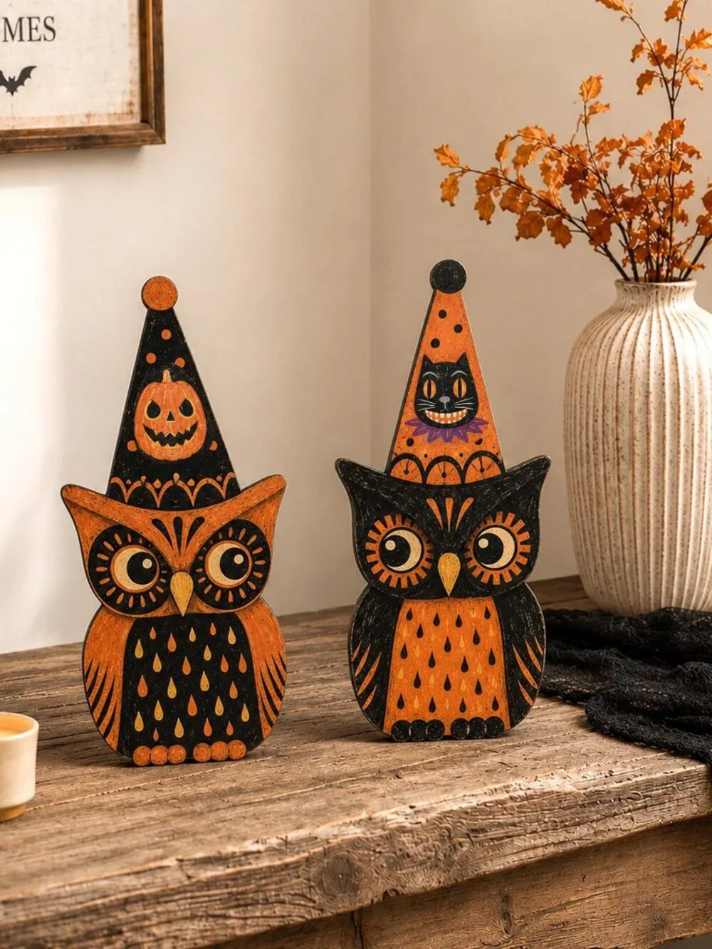 Vintage Halloween Owl Wood Block, Retro Folk Art Owl Decor, Spooky Party Hat